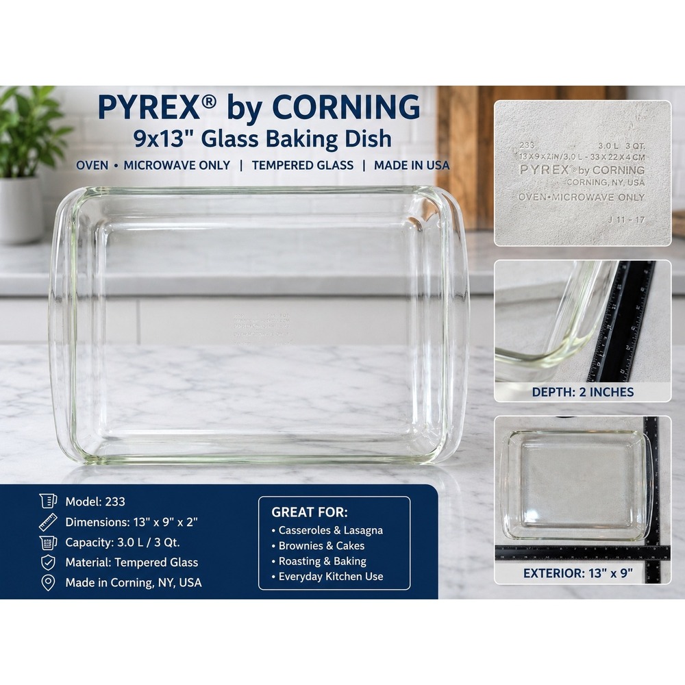 Pyrex 232 Clear Glass Rectangular Baking Dish 2 Quart Roaster Pan 13x8x2 USA - Picture 1 of 6